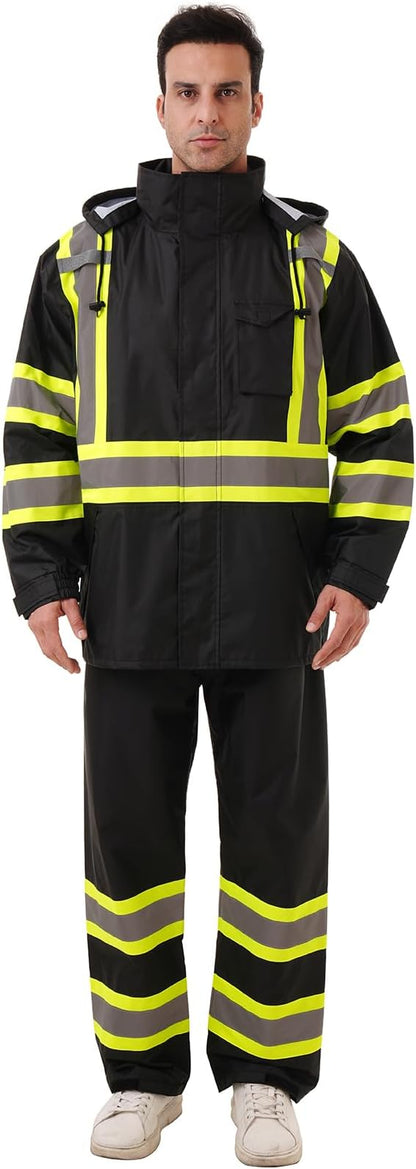 Hi Vis Safety rain Jacket，Reflective Class 3 Rain coat with Inner Mesh Lining and Pockets High Visibility Waterproof work Rain Suits for men&women（Black,SM/MD）