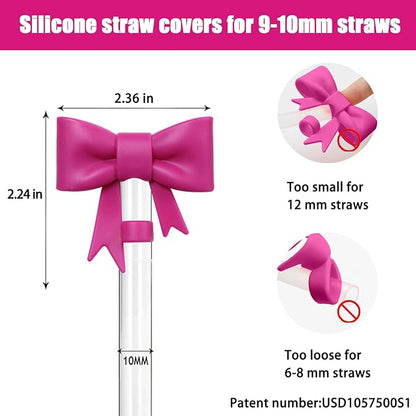 4Pcs Silicone Straw Toppers Covers for Stanley Cups 40/30oz 10mm(0.4in) Dust-Proof Bow Straw Covers Toppers Suitbale for Stanley Cup Accessories Reusable Straws Caps (Purple Rose Red)