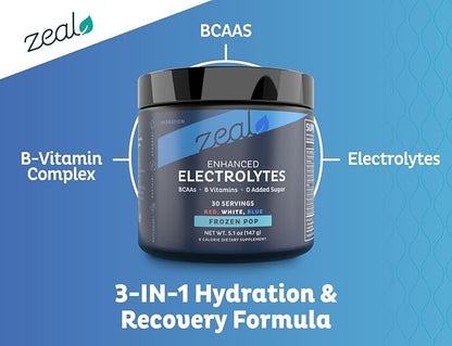 Zeal Electrolyte Powder - 90 Servings | Keto Electrolytes Powder | Zero Sugar, BCAAs, B-Vitamins | Potassium, Zinc, Magnesium | Hydration Powder Recovery Drink | Red White Blue Frozen Pop