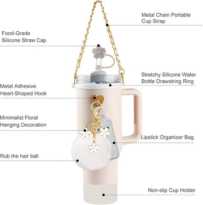 Velaco 11 PCS Accessories for Stanley Cup, Water Bottle Handle Strap for Stanley 30/40 oz tumbler with handle, including Straw Toppers, Silicone Cup Boot, Keychain Charms - White