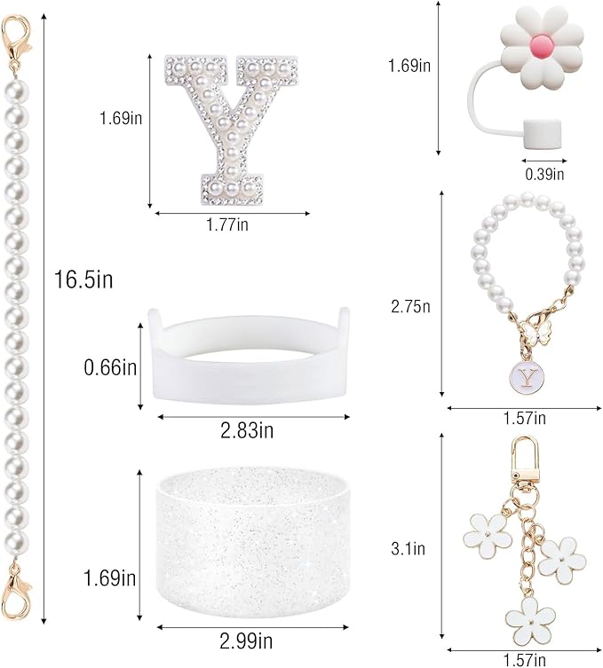 Stanley Cup Accessories Set - Including Water Bottle Carrying Pearl Strap, Handle Letter Charms Sticker, Silicone Cups Boot Straw Cover for 40oz & 30oz Tumbler Accessory Kit