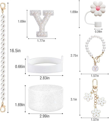 Stanley Cup Accessories Set - Including Water Bottle Carrying Pearl Strap, Handle Letter Charms Sticker, Silicone Cups Boot Straw Cover for 40oz & 30oz Tumbler Accessory Kit