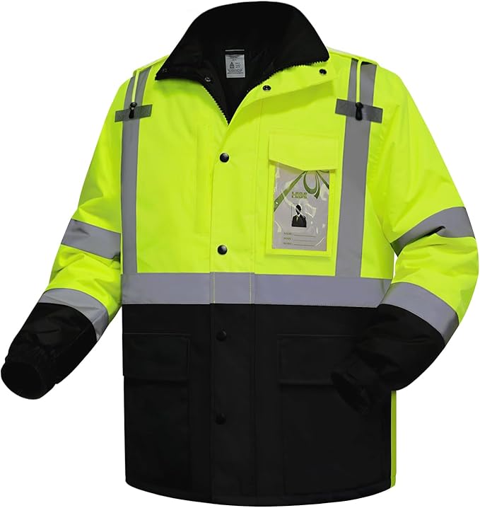 High Visibility Safety Jacket, Reflective Jacket with Pockets for Men& Women, Construction Coats for Winter Cold Weather, Waterproof High Vis Rain Gear, Class 3 Yellow-Black Long, S