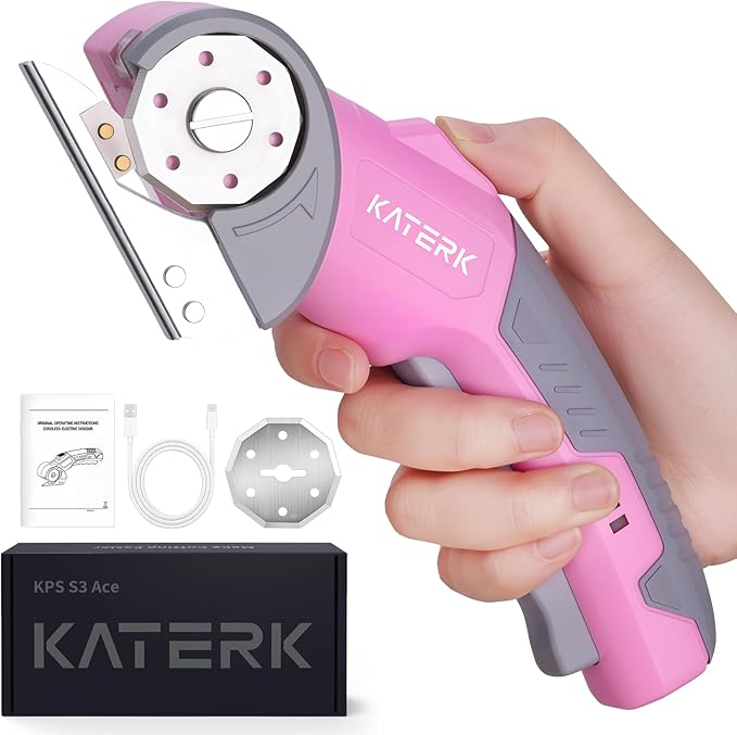 Katerk Cordless Electric Scissors with Safety Lock & LED Light, Pocket-sized Box Carpet Cardboard Cutters Tool, Ambidextrous Use, Rotary Cutter for Fabric, Leather, Plastic, Crafting, Industrial