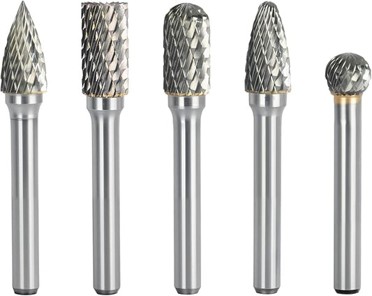 CATITO Carbide Burr Set 1/4 Shank 5-Piece, 8mm Head Diameter Grinder Bits, Rotary Tools Attachment Kit, Deburring, Cutting, and Carving are Suitable for polishing Metal, Wood, Stone, Steel