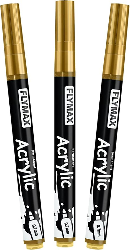 Gold Marker Paint Pens - Permanent Marker Pens Gold Acrylic Paint Water-Based 0.7mm Fine Tip Waterproof Quick-Drying (3 in 1Pack)