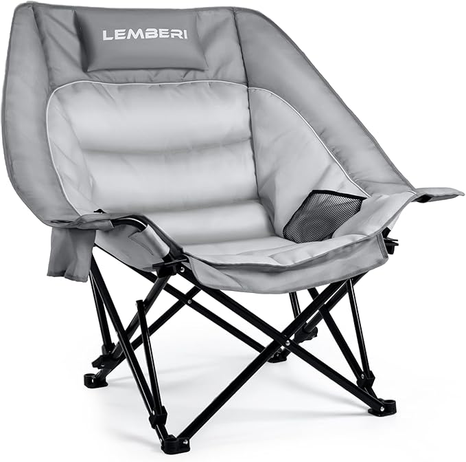 Outdoor Oversized Camping Chair, Heavy Duty Support 500 LBS for Adults, Portable Folding Wide Lawn Chair with Headrest Support and Cup Holder, Low Camping Chair for Fishing, Garden, Grey