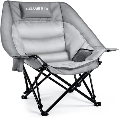 Outdoor Oversized Camping Chair, Heavy Duty Support 500 LBS for Adults, Portable Folding Wide Lawn Chair with Headrest Support and Cup Holder, Low Camping Chair for Fishing, Garden, Grey