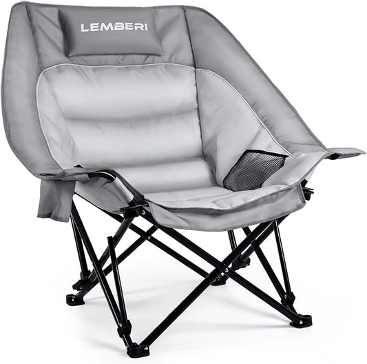 Outdoor Oversized Camping Chair, Heavy Duty Support 500 LBS for Adults, Portable Folding Wide Lawn Chair with Headrest Support and Cup Holder, Low Camping Chair for Fishing, Garden, Grey