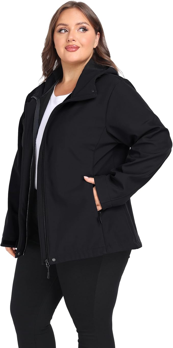 wantdo Women's Plus Size Softshell Jackets Hooded Warm Fleece Lined Windbreaker
