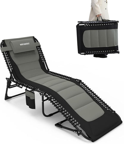 Outdoor Folding Lounge Chair Padded for Adults 264Ibs Patio Chaise Lounge Chair for Outside 5-Position Adjustable Reclining Beach Chair with Pillow Pocket