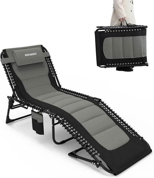 Outdoor Folding Lounge Chair Padded for Adults 264Ibs Patio Chaise Lounge Chair for Outside 5-Position Adjustable Reclining Beach Chair with Pillow Pocket