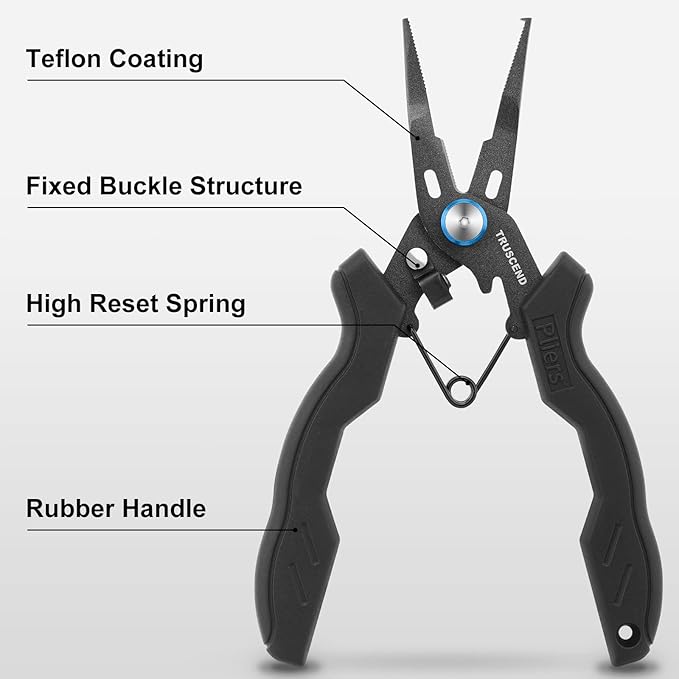 TRUSCEND Lockable Handy Fishing Pliers with Innovative Ergonomic Handle, Saltwater Corrosion Resistant Teflon Coated Fishing Tool, Multi-Function Fishing Gear with Mo-V Cutter