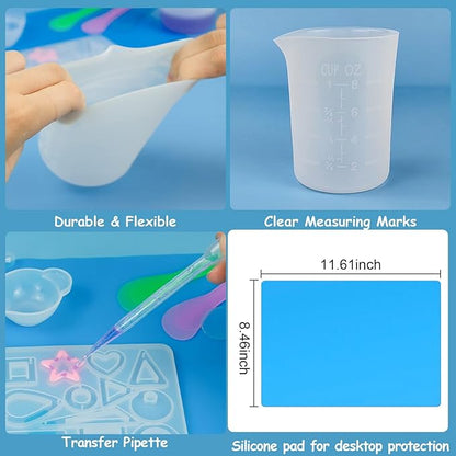 Creahaus Silicone Measuring Cups Tool Kit for Resin, Non-Stick 250 & 100ml Epoxy Mixing Cups, Reusable Resin Supplies with Silicone Mat, Stir Sticks, Pipettes, Cups for Molds, Jewelry Making