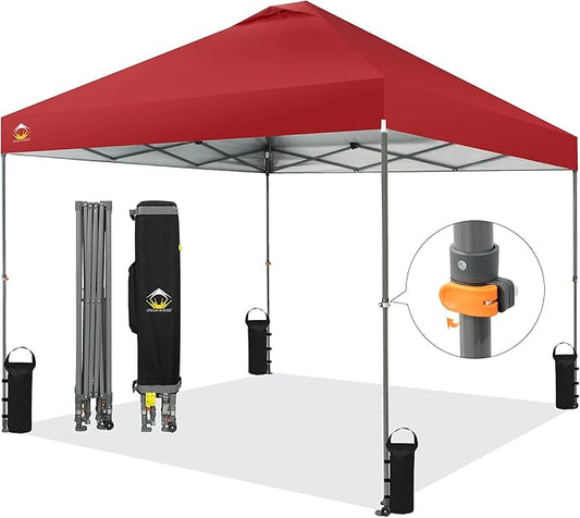 CROWN SHADES Adjustable Height on The Fly, 10x10 Pop Up Canopy - Beach Tent with One Push Setup - Easy Outdoor Sun Shade for Events, Parties, Camping - Outside Shade with STO-N-Go Bag, Red