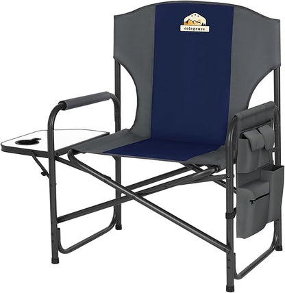 Oversized Directors Camping Chair Support 600 LBS, Heavy Duty Folding Outdoor Chairs with Detachable Side Pocket and Adjustable Side Table for Outside Beach,Lawn,Fishing (Blue)