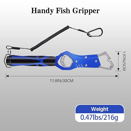 Eupheng 11.8'' Heavy-Duty Fish Gripper with Scale Rustproof Aluminum Body, Non-Slip Rubber Handle, Built-in Weight Estimator & Wrist Lanyard