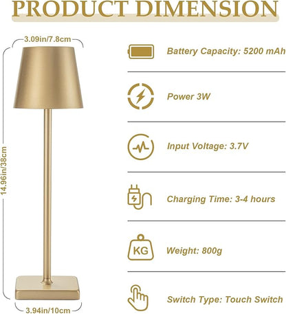HASUN Gold Cordless Table Lamp, Aluminum Shell LED Rechargeable Desk Lamp, 3W 5200mAh Battery Operated Table Light, 3 Color Stepless Dimming Up Waterproof for Living Room/Indoor/Outdoor (Gold)