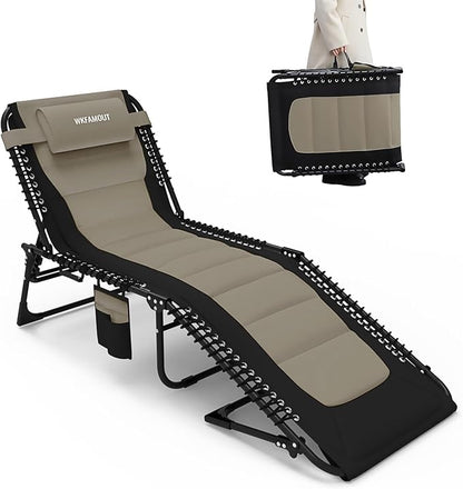 Oversized Padded Outdoor Folding Lounge Chair for Adults 330Ibs Patio Chaise Lounge Chair for Outside Adjustable 5-Position Reclining Beach Chair with Pillow Pocket