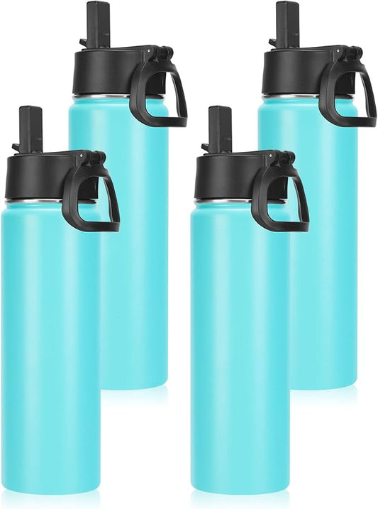 Neihepal 22 oz Insulated Water Bottles Bulk, Double Walled Vacuum Stainless Steel Water Bottle Multipack with Leak Proof Straw Lid for Men, Adults, Kids, Gym, Sports (Mint,4 Pack)