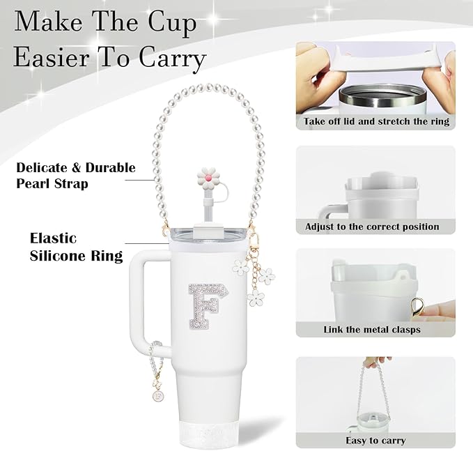 Stanley Cup Accessories Set - Including Water Bottle Carrying Pearl Strap, Handle Letter Charms Sticker, Silicone Cups Boot Straw Cover for 40oz & 30oz Tumbler Accessory Kit