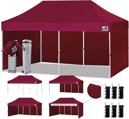 Eurmax USA 10'x20' Pop-up Canopy Tent Commercial Instant Canopies with 4 Removable Zipper End Side Walls and Roller Bag, Bonus 6 SandBags(Burgundy)