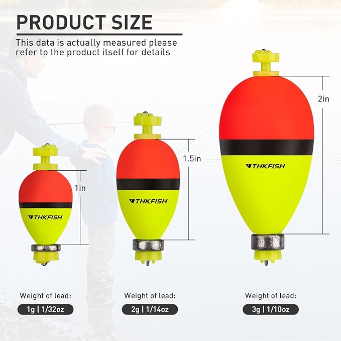 THKFISH Fishing Bobbers Floats,10 Packs Weighted Bobbers, Foam Oval Slip Bobbers for Fishing, Three Colours Crappie Bobbers, for Fishing Bluegill Crappie Panfish Bass Trout, 1in 1.5in 2in