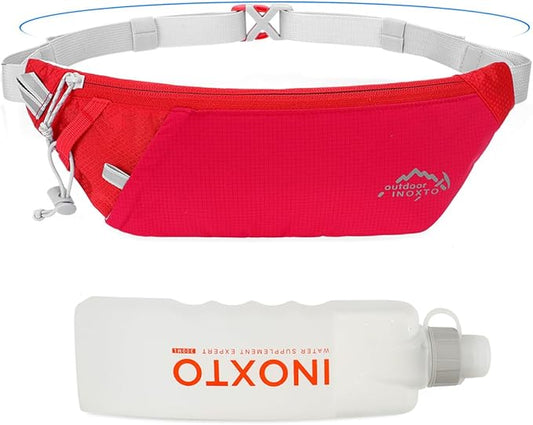 INOXTO Slim Running Belt Fanny Pack for Women and Men Sports Waist Bag Pack with 300ml Water Bottle for Running Walking Cycling Hiking Reflective Running Pouch Belt for All Phones (Red)