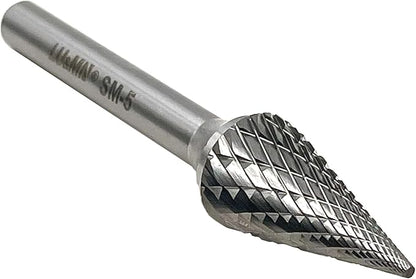 LU&MN SM-5 Tungsten Carbide Burr Rotary File 25 Degree Pointed Cone Shape Double Cut with 1/4''Shank for Die Grinder Drill Bit, 1/4'' Diameter of Shank, 1/2'' Diameter of Cutter 1'' Cutter Length