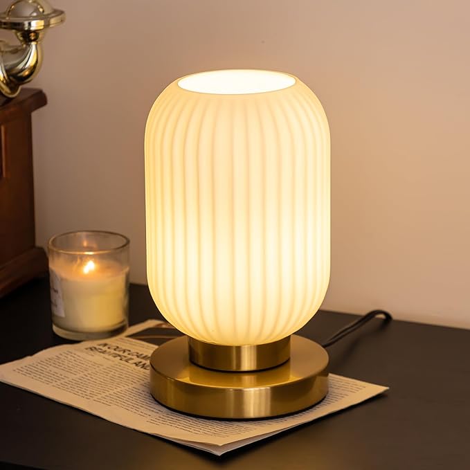 Modern Ribbed Glass Table Lamps Mid Century Bedside Light Small Nightstand Lamp with Plug-in Style, E26 Ambient Lighting for Bedroom Living Room Tabletop, Milky White
