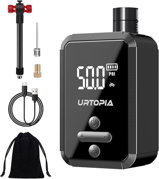 URTOPIA Electric Bike Pump, Fast Inflation Air Pump with Gauge, Up to 150PSI, Efficient Heat Dissipation, Rechargeable, with Bright LED Light, Portable Bicycle Pump for Road Bike, Motorcycle, Ball