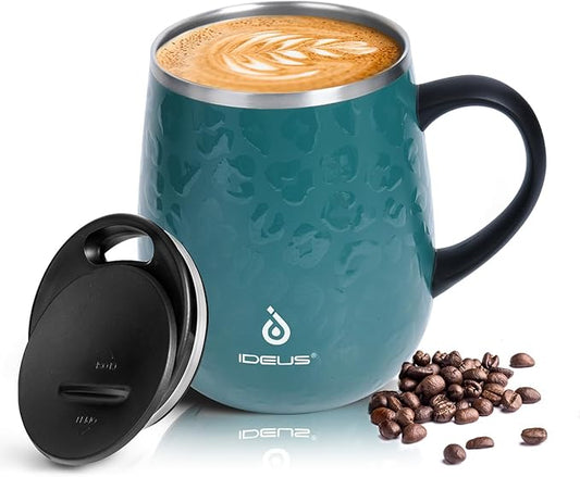 Ideus 16 oz (470 ml) Insulated Coffee Mug with Handle and Lid, Double Wall Stainless Steel Vacuum Thermal Coffee Mug, Travel Coffee Cup Thermal Cup for Home and Office, Leopard Green