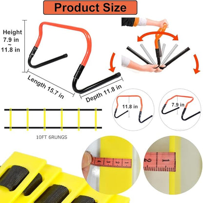 Soccer Training Equipment Set, Multifunctional Football Gear with 4 Adjustable Hurdles 9.8 feet 6 Rungs Agility Speed Ladder