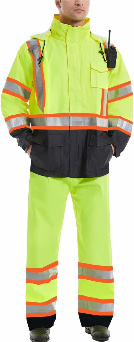 SKSAFETY Hi Vis Reflective Rain suits for Men Waterproof - High Vis Safety Rain Jacket, High Visibility Raincoat for Men