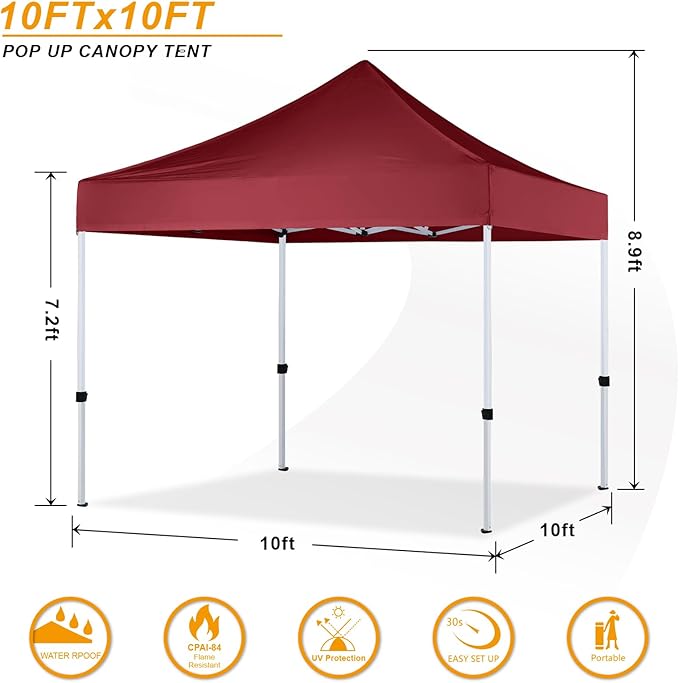 10x10 Pop Up Canopy Tent for Outdoor Commercial Instant Sun Shelter,Burgundy