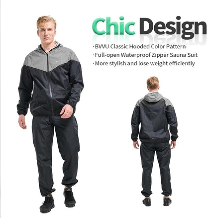 BVVU Sauna Suit for Men Zipper Sweat Suits with Hood Sauna Jacket Pants Gym Workout Full Body