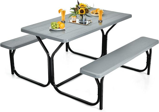 Tangkula Picnic Table Bench Set, Outdoor Picnic Table with 2 Benches, Metal Camping Table with Plastic Wood-Like Texture Tabletop & Steel Frame, Ideal for Picnic, Party, Garden, Lawn (Grey)