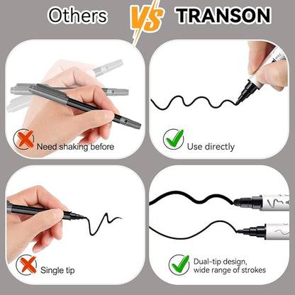 TRANSON 8 Pack Black Bold and Fine Dual-tip Acrylic Paint Marker for DIY Glass Canvas Wood Leather Ceramic Rock Painting