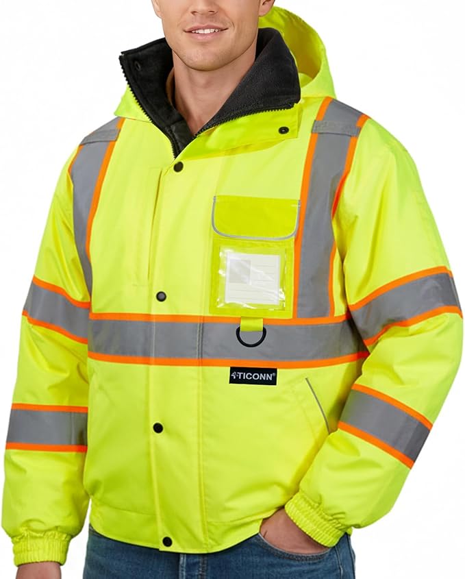 TICONN Waterproof Safety Bomber Jacket, Hi Vis Reflective Rain Jacket, ANSI Class 3 Work Rain Coat for Men Women