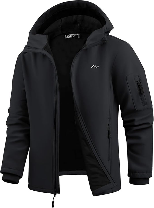 WULFUL Men's Lightweight Softshell Jacket Warm Fleece Lined Windbreaker Waterproof Soft Shell for Outdoor Hiking