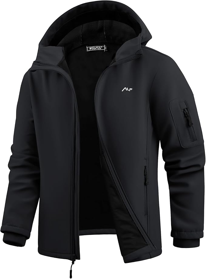 WULFUL Men's Lightweight Softshell Jacket Warm Fleece Lined Windbreaker Waterproof Soft Shell for Outdoor Hiking