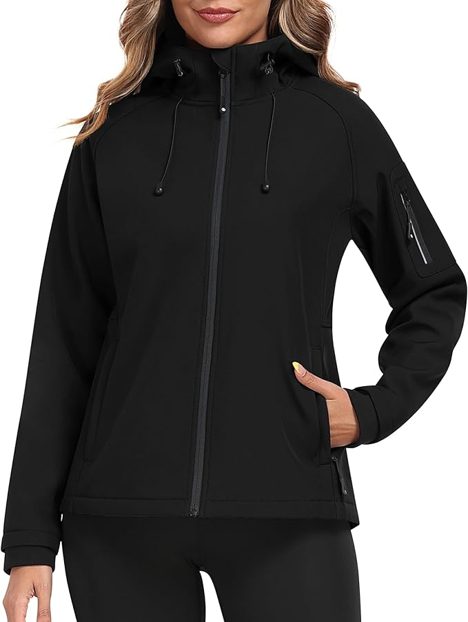 MoFiz Women's Fleece Lined Softshell Jacket Hooded Windproof Lightweight Insulated Jacket Full Zip Warm Coat