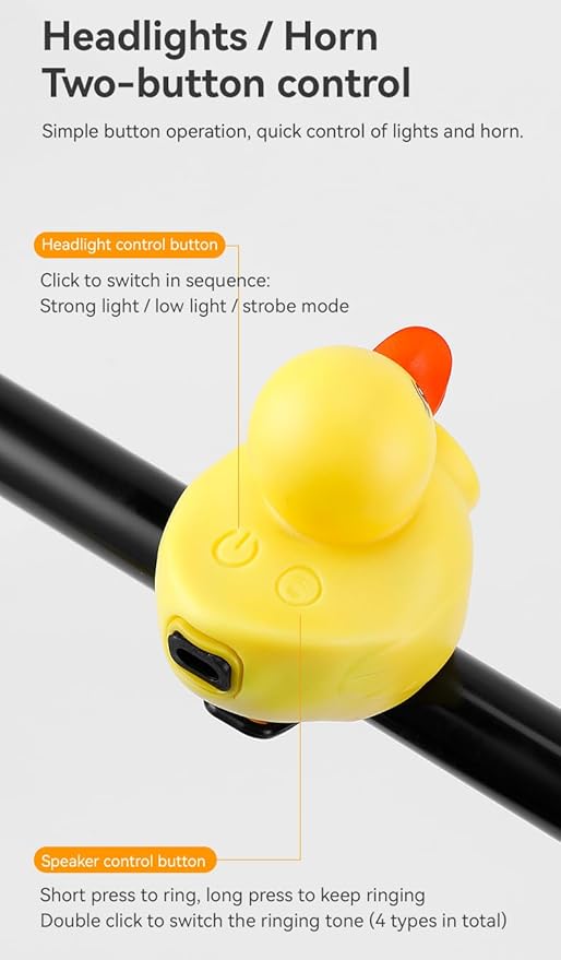 Lovely Yellow Duck Bike Bell, Kids Bike Horn, Rubber Yellow Duck Bicycle Accessories with LED Light - for Kids Toddler Children Adults Sport Outdoor