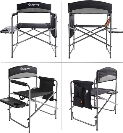 KingCamp Camping Foldable Padded Director Arm Chair with Side Table and Pocket, Grey