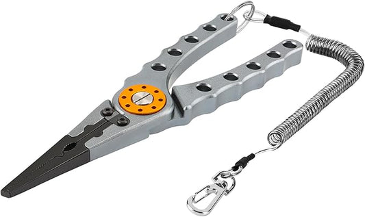 Booms Fishing X1 Aluminum Fishing Pliers Saltwater, Surf Fishing Tackle Kit, Fishing Multitool Hook Remover Braided Fishing Line Cutting and Split Ring with Coiled Lanyard and Sheath