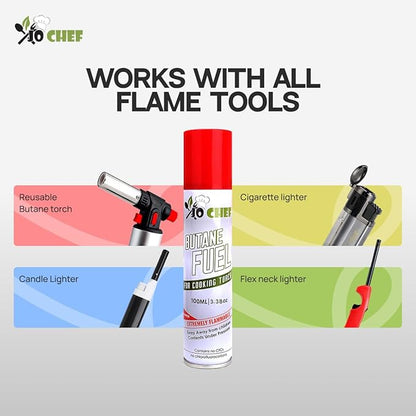 Jo Chef Butane Fuel Refill, Fuel Canister, Universal Refill Gas Lighter, Kitchen Torch, Fuel Butane Torch fluid – Universal Tip – (5 Cans)