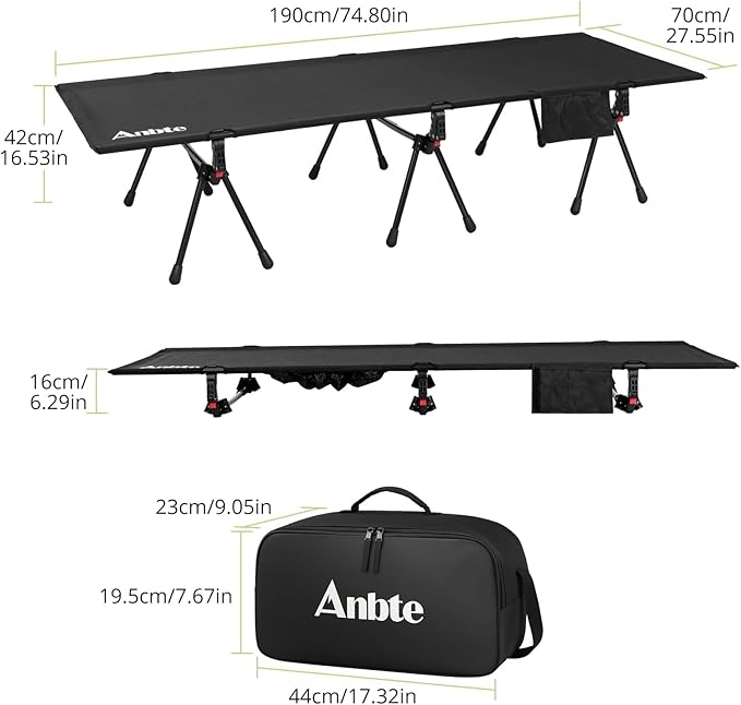 Ultralight Camping Cot with Storage Net & Bag, Height Adjustable Support up to 400lbs, Comfortable Portable Cots for Adult Folding Bed for Camping, Hiking, Travel, Truck, Beach, Office, Black