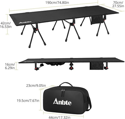 Ultralight Camping Cot with Storage Net & Bag, Height Adjustable Support up to 400lbs, Comfortable Portable Cots for Adult Folding Bed for Camping, Hiking, Travel, Truck, Beach, Office, Black