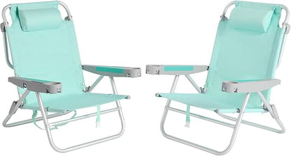 SUNNYFEEL Extra Wide Low Beach Chair 2 Pack 5 Position Lay, XL Oversized Portable Folding Camping Chairs with Cup Holder for Outdoor/Sand, Foldable Backpack Beach Chair for Adults Heavy Duty 500 LBS