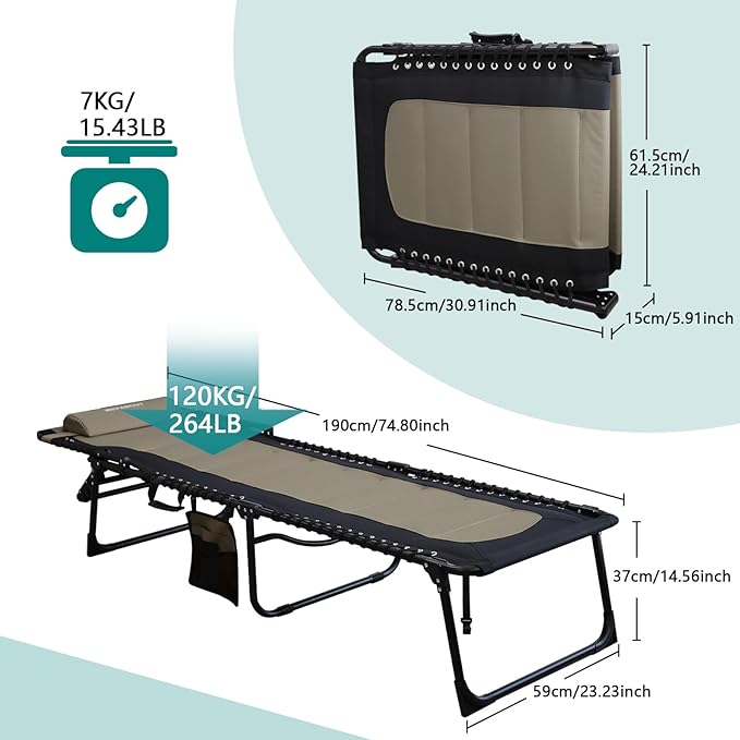 Outdoor Folding Lounge Chair Padded for Adults 264Ibs Patio Chaise Lounge Chair for Outside Adjustable 5-Position Reclining Beach Chair with Pillow Pocket
